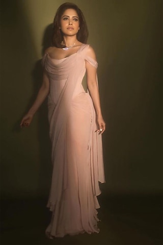 Pastel Pink Crepe & Swiss Net Embellished Draped Jacket Saree Set by K&A By Karishma And Ashita