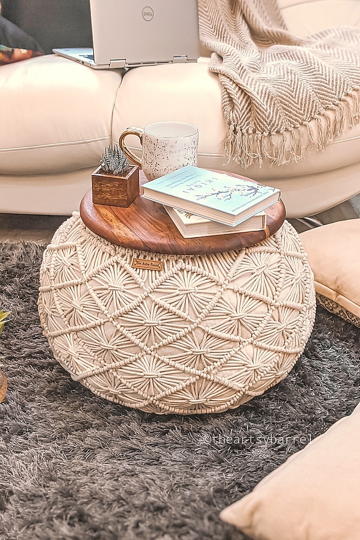 Off-White Hand Knitted Pouffe by Karighar - House of Indian Craftsmanship