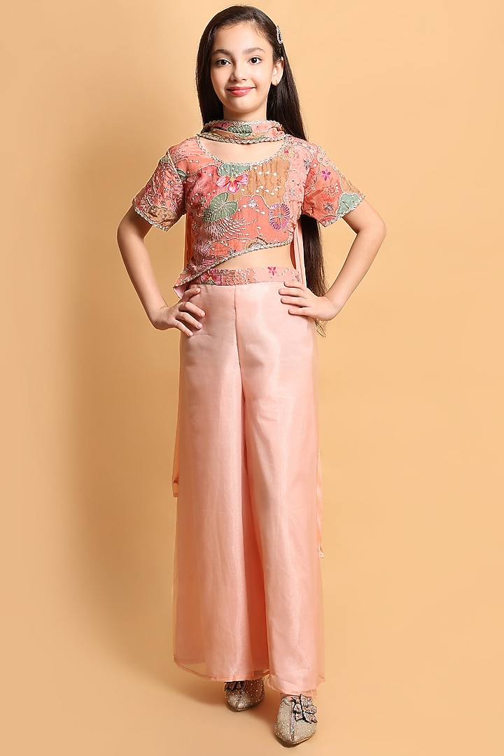 Peach Natural Crepe Palazzo Pants Set For Girls by Little Blessings at Pernia's Pop Up Shop
