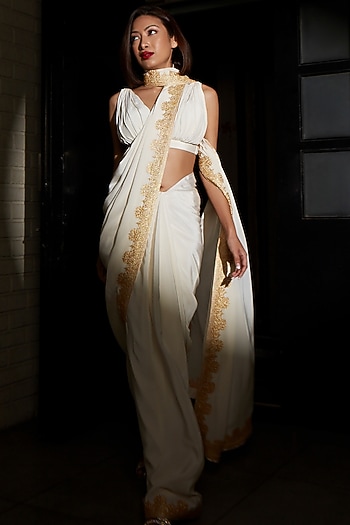Ivory Pure Crepe Silk Hand Embroidered Wedding Saree Set by The Whole Nine Yards at Pernia's Pop Up Shop