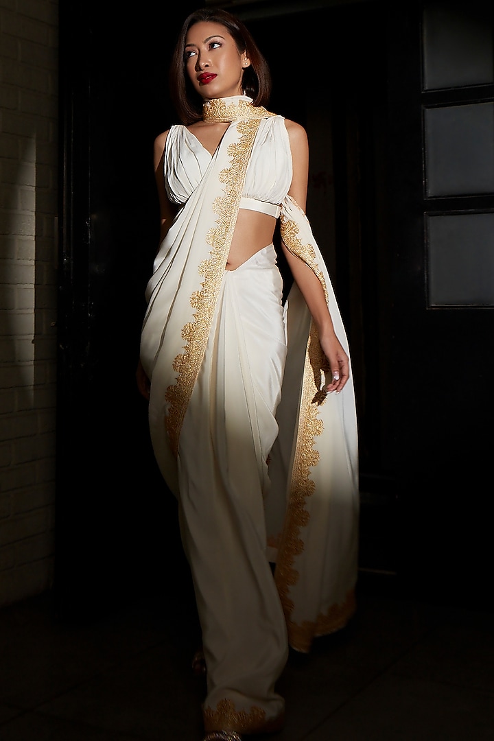 Ivory Pure Crepe Silk Hand Embroidered Saree Set by The Whole Nine Yards