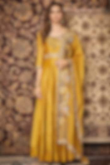 Yellow Embroidered Anarkali With Dupatta by Khushboo Bagri