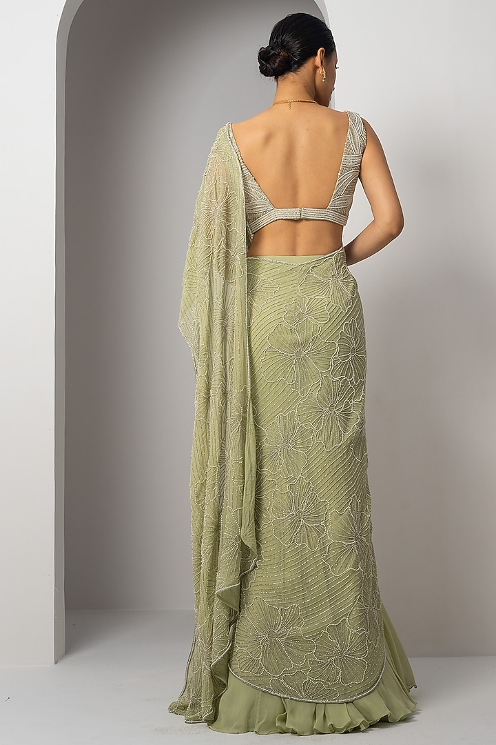 Mint Green Organza Floral Hand Embroidered Wedding Lehenga Saree Set by Charu & Vasundhara at Pernia's Pop Up Shop