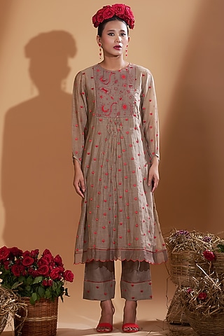 Beige Chanderi Silk Sequins & Beads Hand Embroidered Kurta Set by GAACH