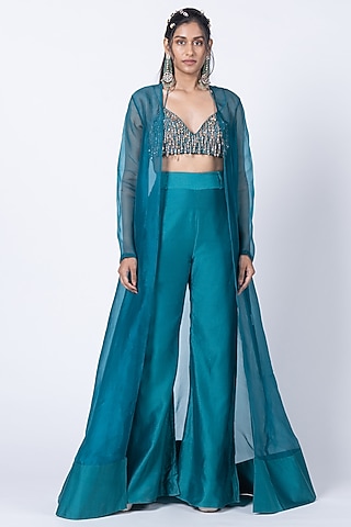 Teal Silk Sheer Cape Set by Kyross