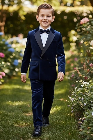 Royal Blue Velvet Tuxedo Set For Boys by Pooja Wang