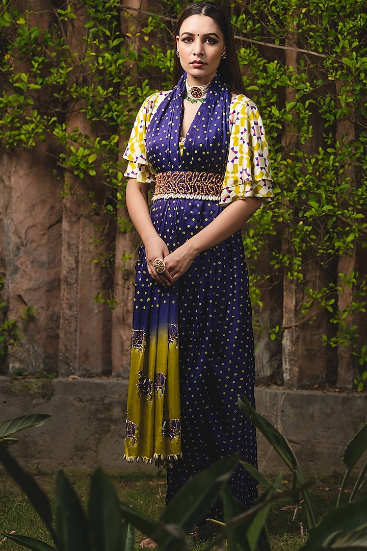 Blue & Yellow Modal Satin Digital Printed Draped Saree Set

 by Upasana Gupta