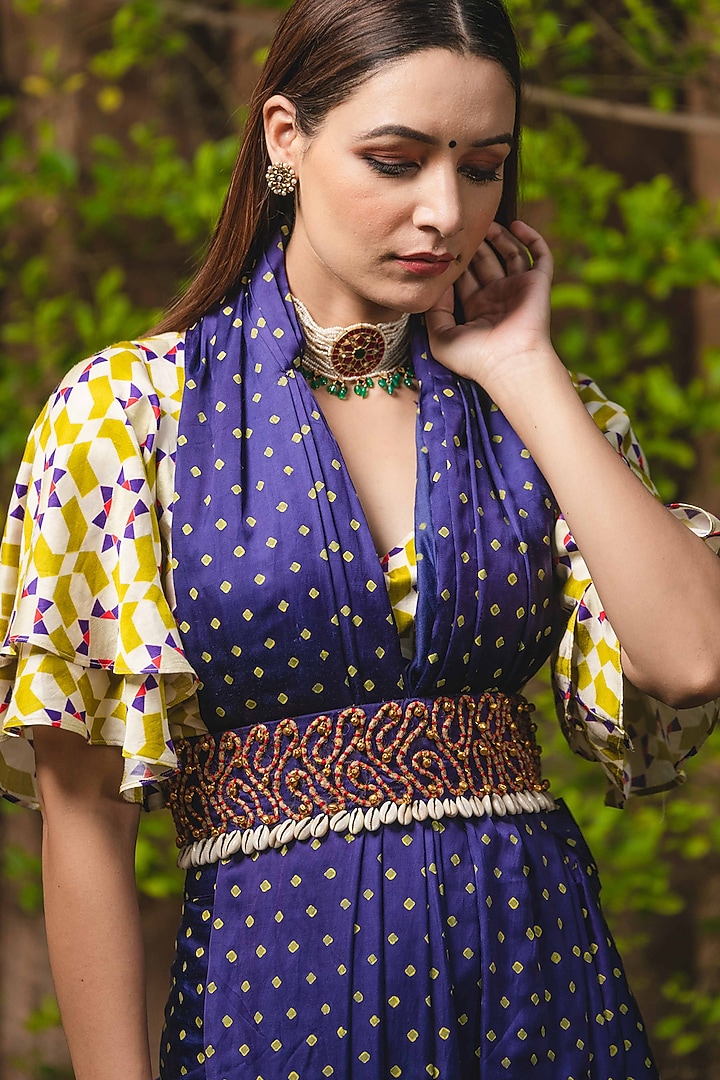 Blue & Yellow Modal Satin Digital Printed Draped Party Wear Saree Set
by Upasana Gupta at Pernia's Pop Up Shop