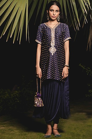 Navy Blue Printed & Embroidered Kurta Set by Upasana Gupta