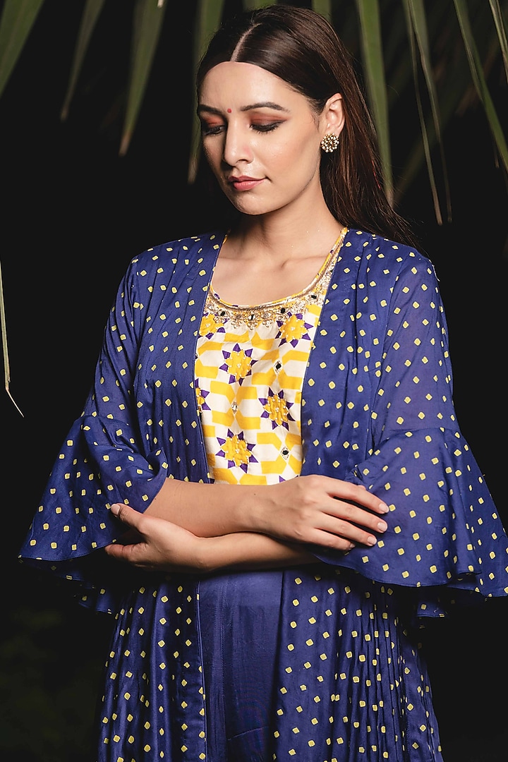 Purple & Yellow Printed Jacket Set by Upasana Gupta at Pernia's Pop Up Shop