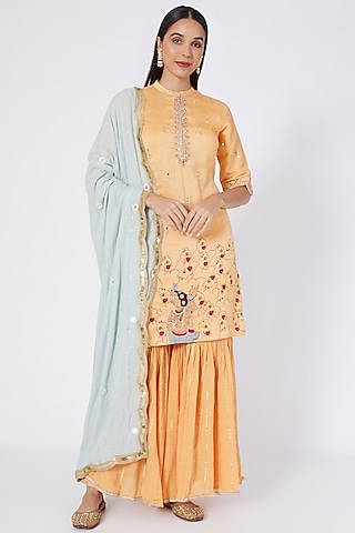 Orange Embroidered & Printed Sharara Set by Upasana Gupta