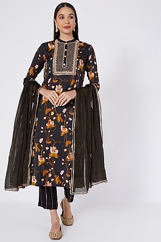 Black Digital Printed Kurta Set by Upasana Gupta