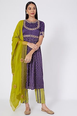 Purple Block Printed Kurta Set by Upasana Gupta