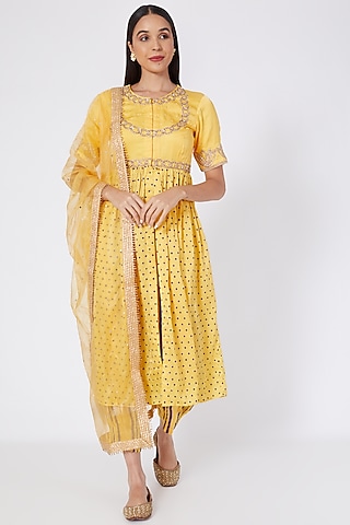 Yellow Embroidered & Block Printed Kurta Set by Upasana Gupta