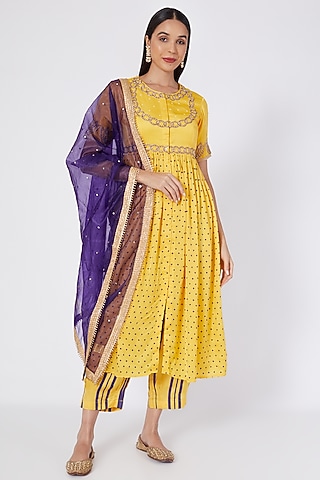Yellow Embroidered & Printed Kurta Set by Upasana Gupta