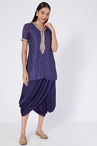 Navy Blue Hand Embroidered Dhoti Set by Upasana Gupta