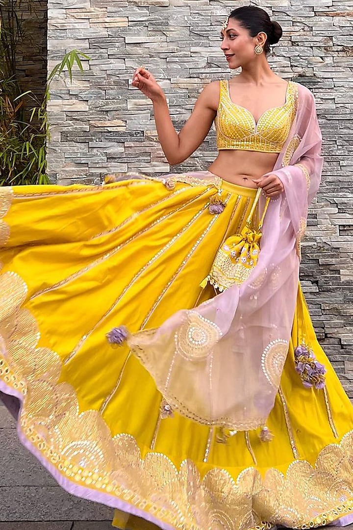 Yellow Silk Chanderi Hand Embroidered Bridal Lehenga Set by MADZIN at Pernia's Pop Up Shop