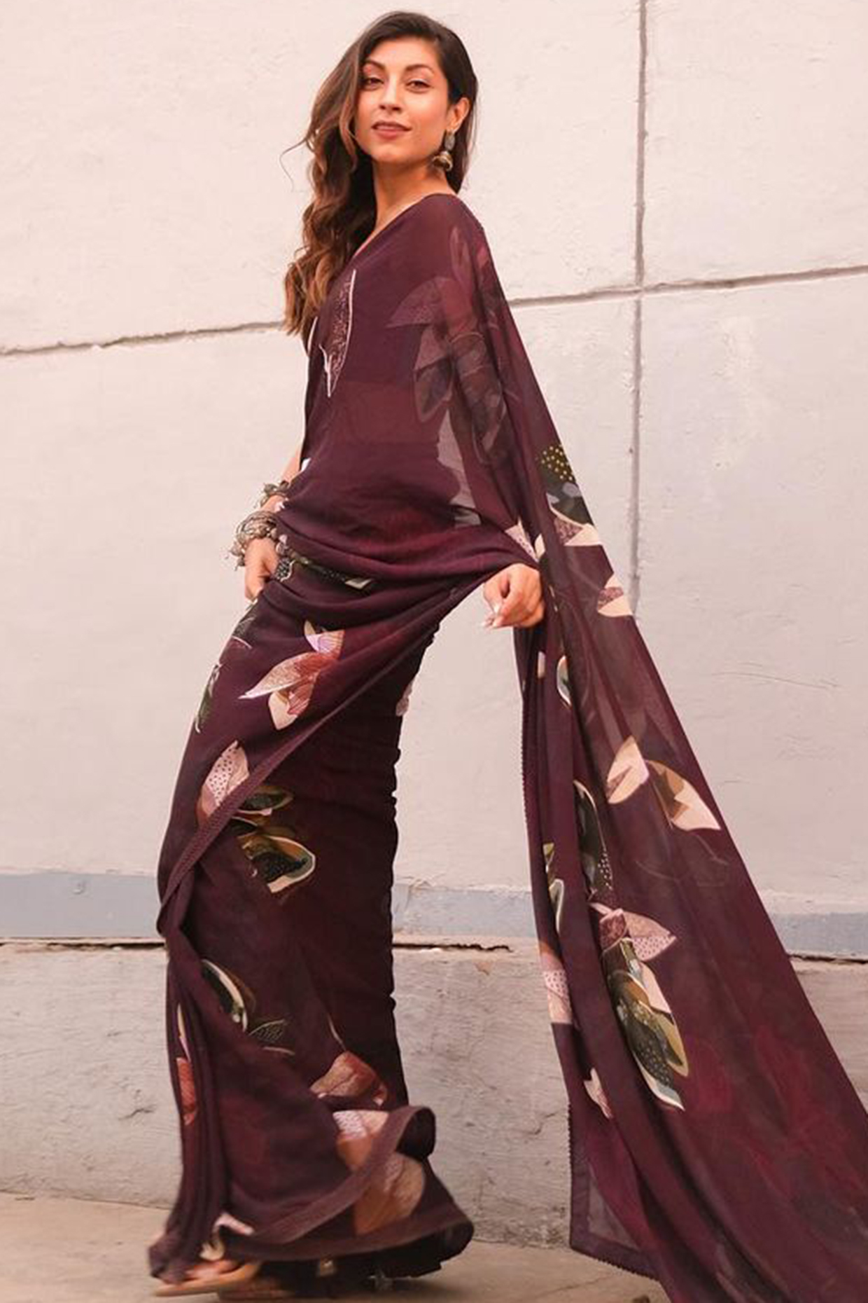 Burgundy Georgette Printed Party Wear Saree Set by Varun Bahl Pret at Pernia's Pop Up Shop