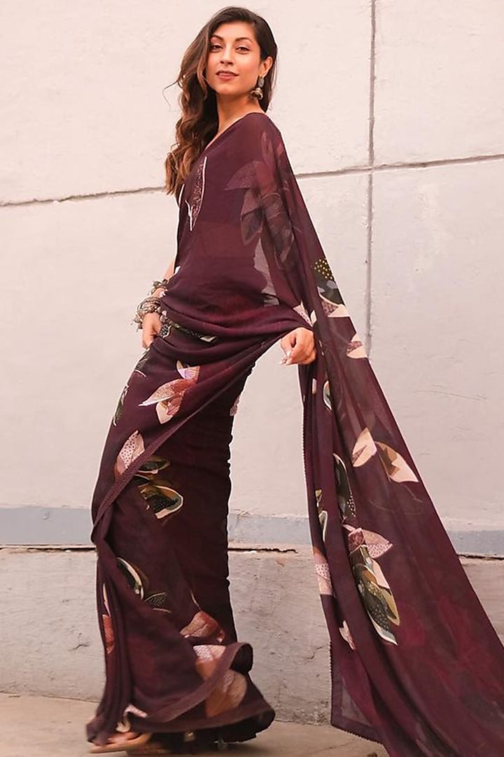Burgundy Georgette Printed Party Wear Saree Set by Varun Bahl Pret at Pernia's Pop Up Shop