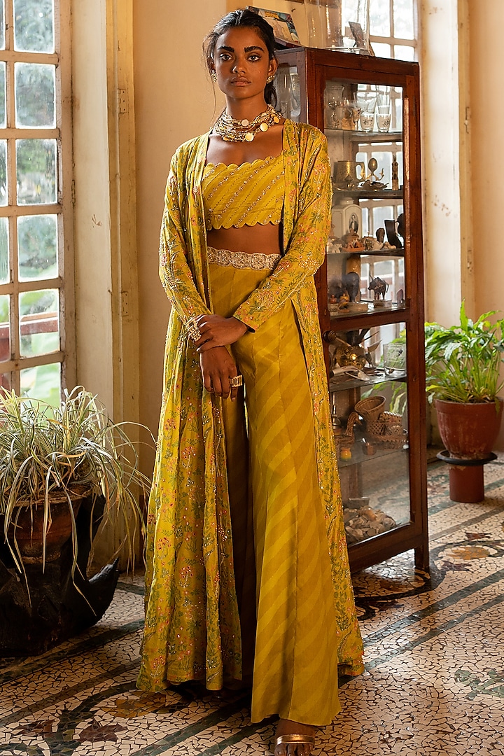 Lime Yellow Cotton Silk Printed Jacket Set by Paulmi & Harsh at Pernia's Pop Up Shop