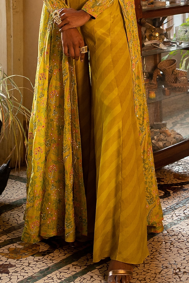 Lime Yellow Cotton Silk Printed Jacket Set by Paulmi & Harsh at Pernia's Pop Up Shop