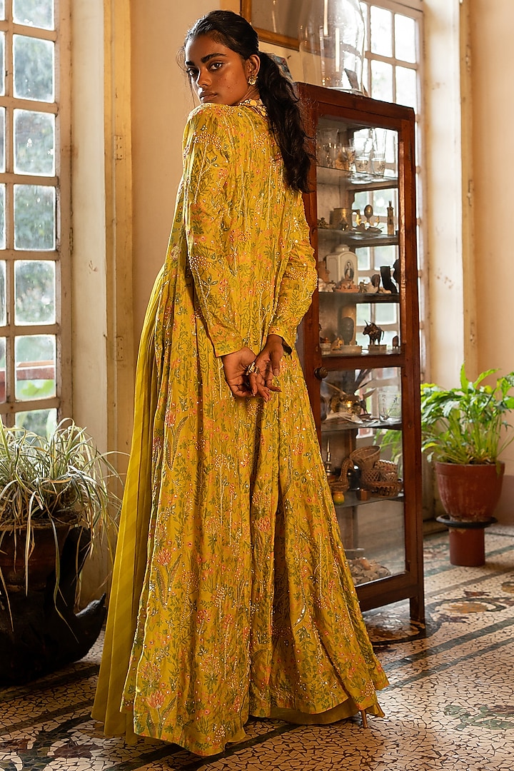 Lime Yellow Cotton Silk Printed Jacket Set by Paulmi & Harsh at Pernia's Pop Up Shop