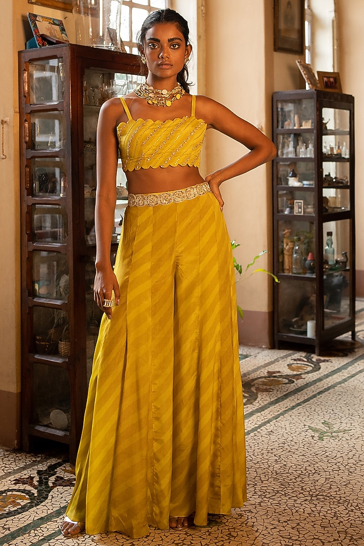 Lime Yellow Cotton Silk Printed Jacket Set by Paulmi & Harsh at Pernia's Pop Up Shop