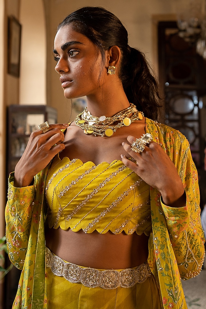 Lime Yellow Cotton Silk Printed Jacket Set by Paulmi & Harsh at Pernia's Pop Up Shop