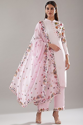 Pink Crepe Embroidered & Printed Kurta Set by URFAA by Urshia Fatima