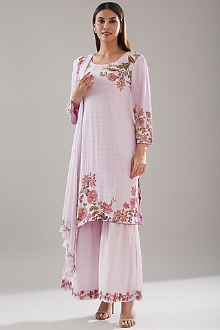 Lavender Crepe Embroidered & Printed Gharara Set by URFAA by Urshia Fatima