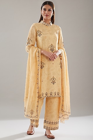 Yellow Crepe Printed & Embroidered Kurta Set by URFAA by Urshia Fatima