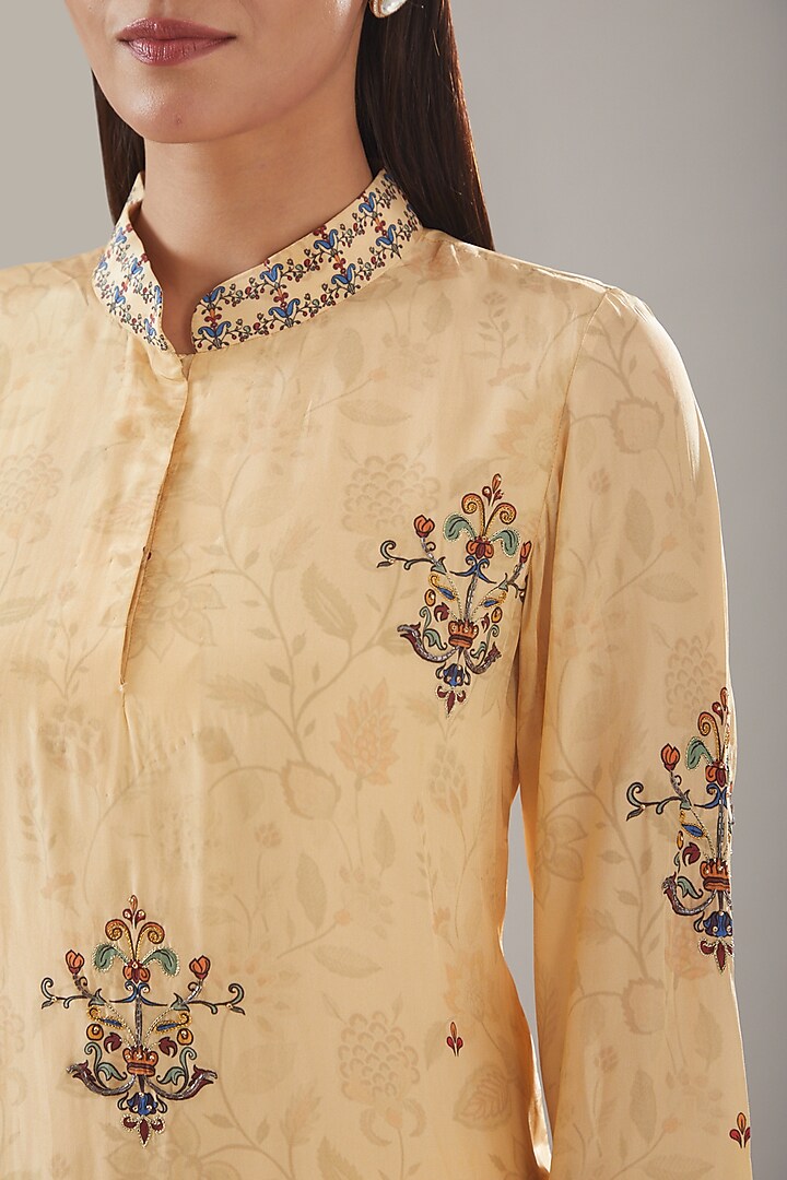 Yellow Crepe Printed & Embroidered Kurta Set by URFAA by Urshia Fatima at Pernia's Pop Up Shop