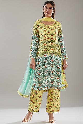 Yellow & Powder Blue Crepe Embroidered & Printed Kurta Set by URFAA by Urshia Fatima
