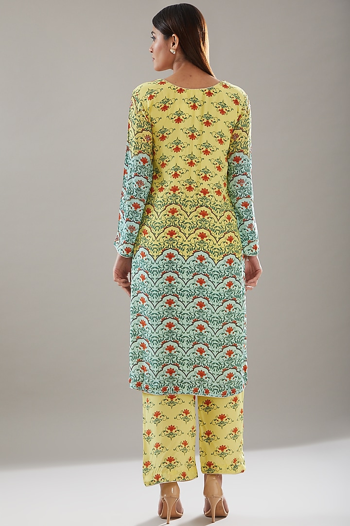 Yellow & Powder Blue Crepe Embroidered & Printed Kurta Set by URFAA by Urshia Fatima at Pernia's Pop Up Shop