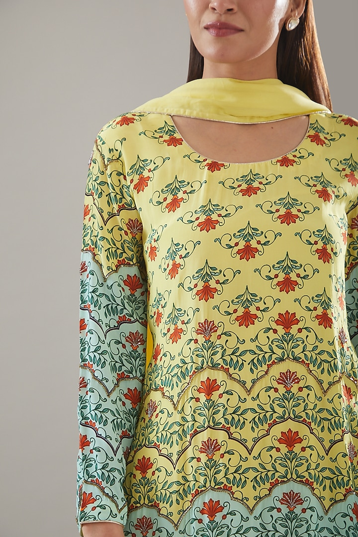 Yellow & Powder Blue Crepe Embroidered & Printed Kurta Set by URFAA by Urshia Fatima at Pernia's Pop Up Shop