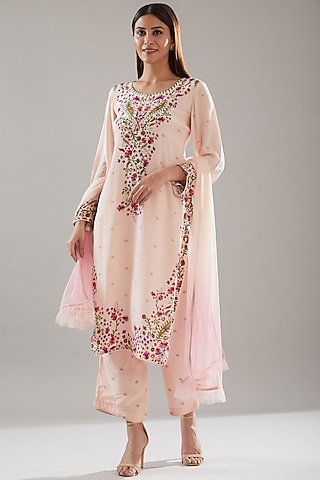 Blush Pink Crepe Floral Printed Kurta Set by URFAA by Urshia Fatima