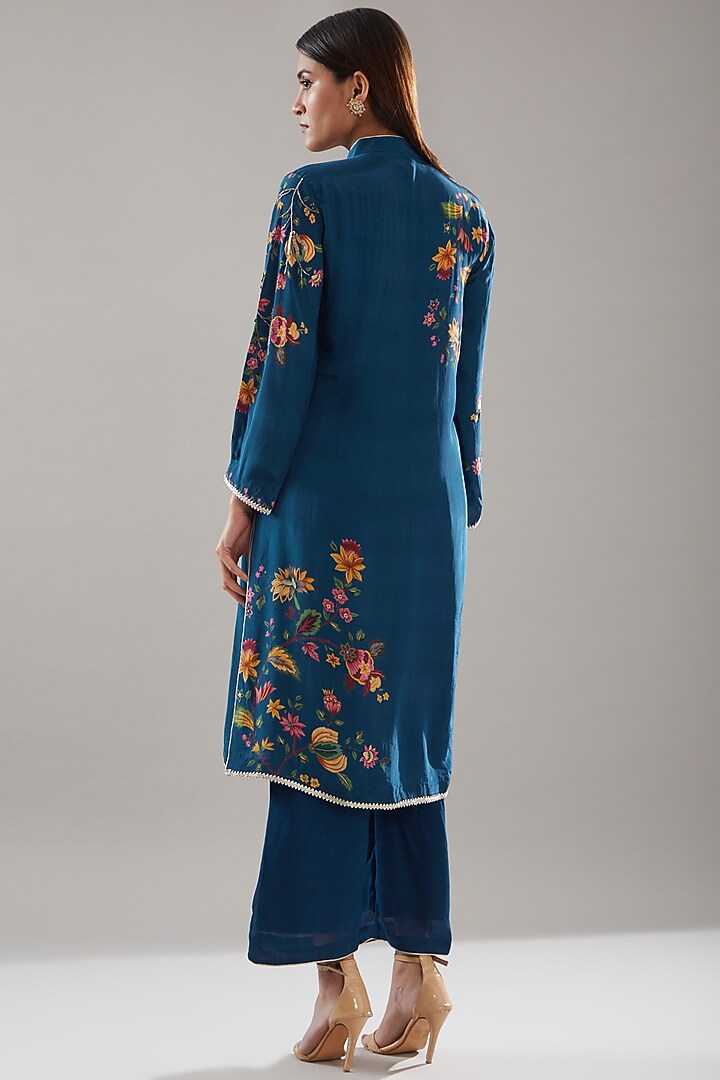 Midnight Blue Crepe Printed & Embroidered Kurta Set by URFAA by Urshia Fatima at Pernia's Pop Up Shop