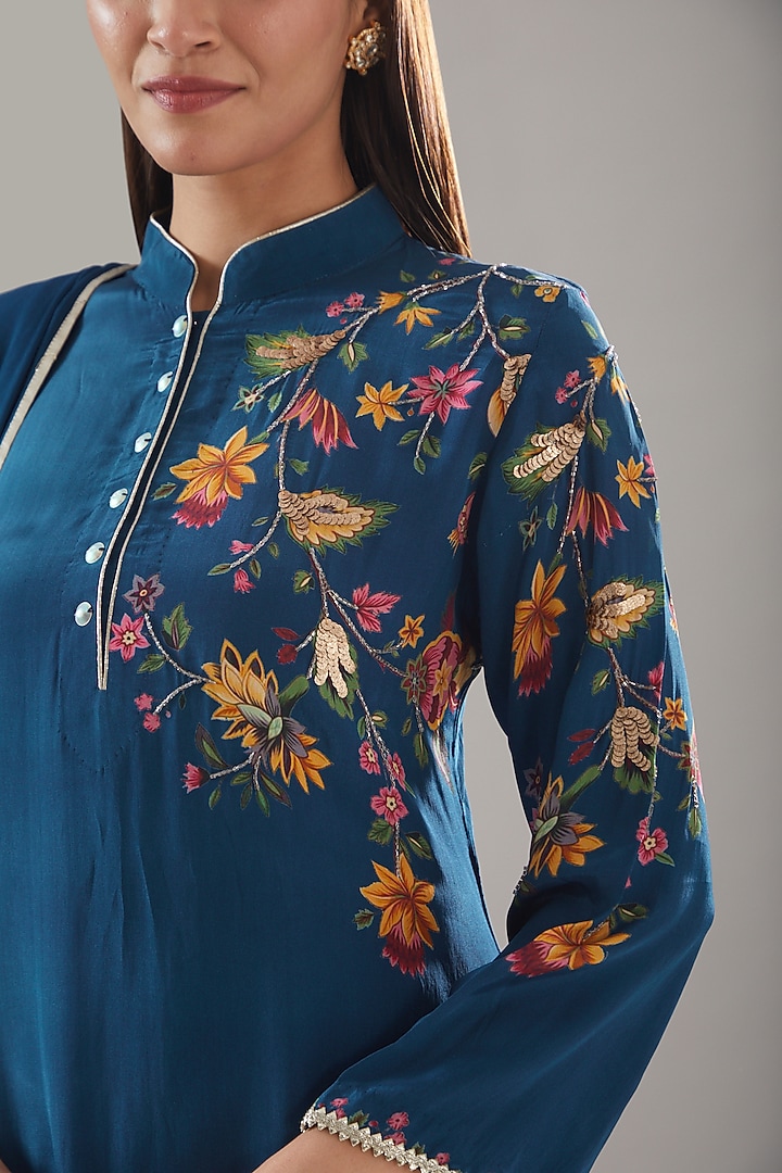 Midnight Blue Crepe Printed & Embroidered Kurta Set by URFAA by Urshia Fatima at Pernia's Pop Up Shop