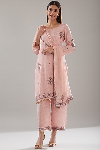 Pink Crepe Embroidered & Printed Kurta Set by URFAA by Urshia Fatima