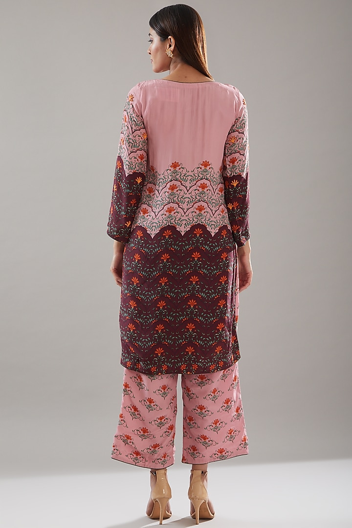 Pink & Maroon Crepe Embroidered & Printed Kurta Set by URFAA by Urshia Fatima at Pernia's Pop Up Shop