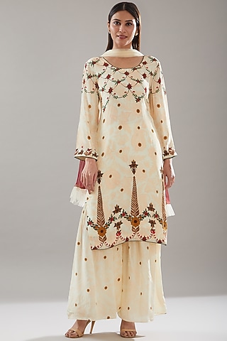 Beige Crepe Digital Printed Kurta Set by URFAA by Urshia Fatima