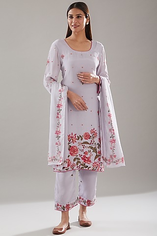 Lavender Crepe Embroidered & Printed Kurta Set by URFAA by Urshia Fatima