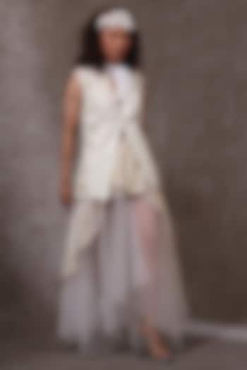 Off-White Muslin Embroidered Waistcoat Set by URMIL at Pernia's Pop Up Shop