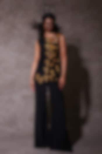 Black Muslin & Tissue Cutwork Jacket Set by URMIL at Pernia's Pop Up Shop