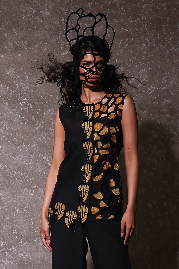 Black Muslin & Tissue Cutwork Jacket Set by URMIL at Pernia's Pop Up Shop