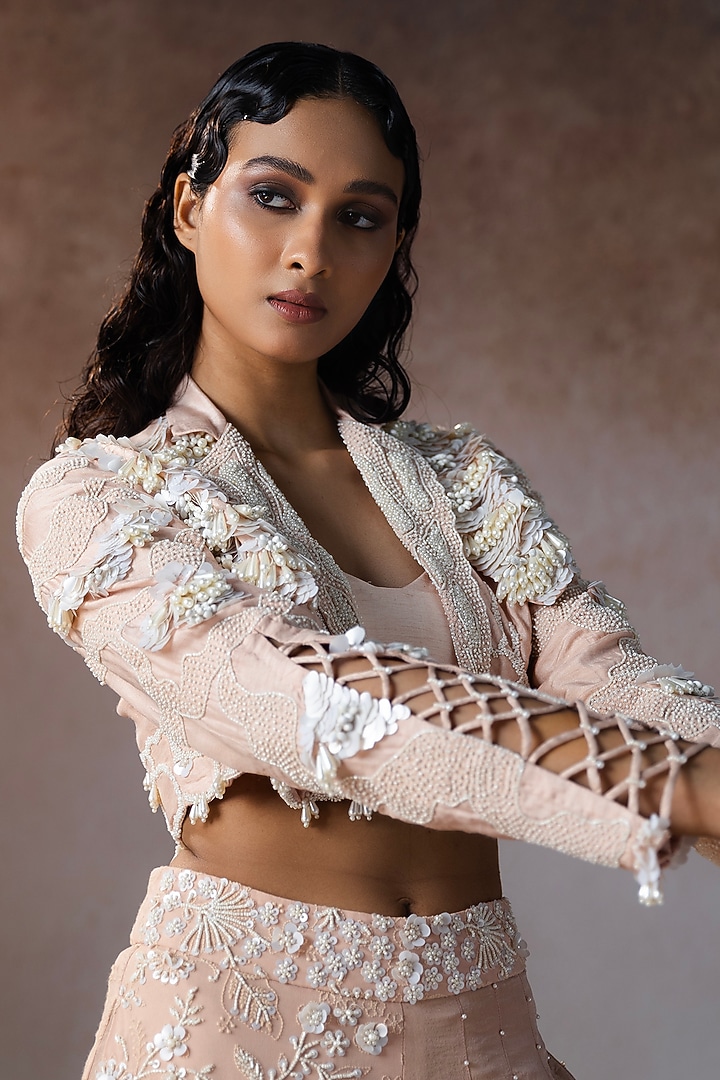 Peach Dola & Tissue Embroidered Co-Ord Set by URMIL at Pernia's Pop Up Shop