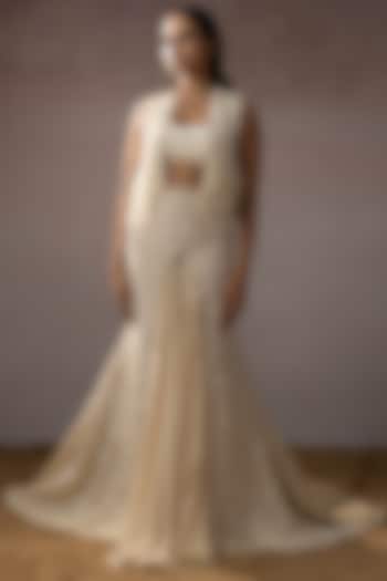 Ivory Dola & Organza Overlapping Embroidered Skirt Set by URMIL at Pernia's Pop Up Shop