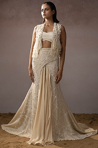 Ivory Dola & Organza Overlapping Embroidered Skirt Set by URMIL