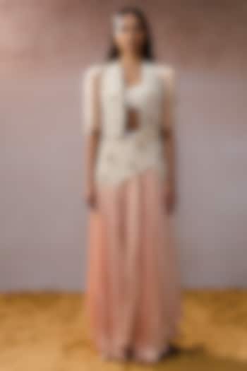 Peach Tissue & Satin Asymmetrical Embroidered Skirt Set by URMIL at Pernia's Pop Up Shop