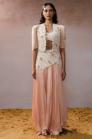 Peach Tissue & Satin Asymmetrical Embroidered Skirt Set by URMIL